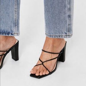 NWT Strappy Faux Leather Block Heeled Mules